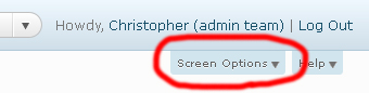 The 'Screen Options' button in the WordPress admin console