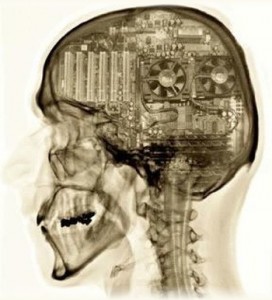 A head x-ray showing someone with a computer for a brain