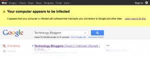 A Google warning telling users that their computer appears to be infected