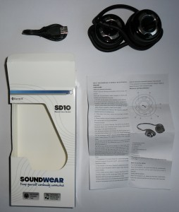 The SoundWear SD10 Bluetooth Headset packaging, instructions USB cable and headphones