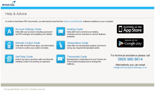 British Gas myHome Help and Advice page screenshot