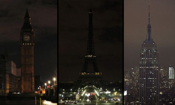 Big Ben Clock Tower, The Eiffel Tower and The Empire State Building with lights off for Earth Hour